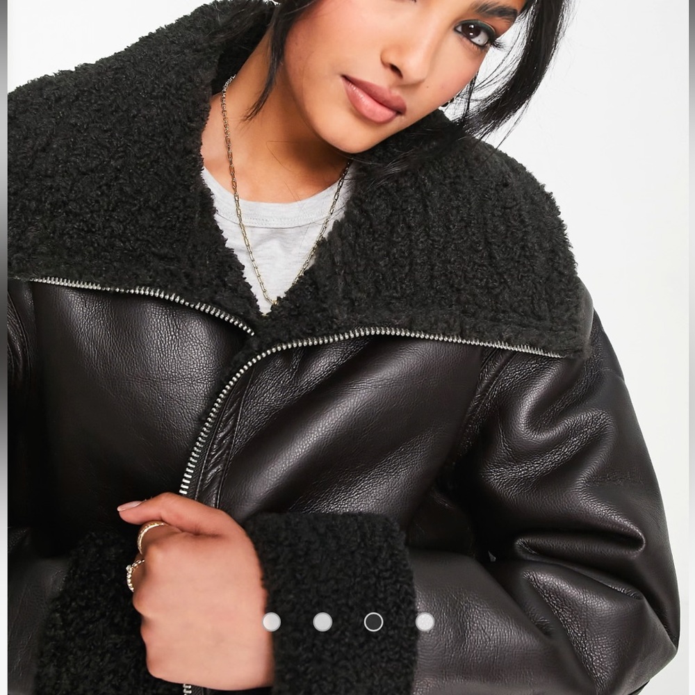 Faux Leather Sherpa-Trim Jacket - Black - Picture 3 of 8